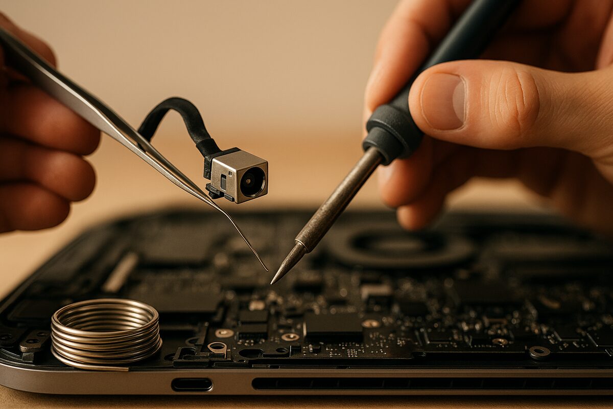Замена разъёма питания Lenovo: круглое DC-гнездо в пинцете, паяльник и моток припоя
